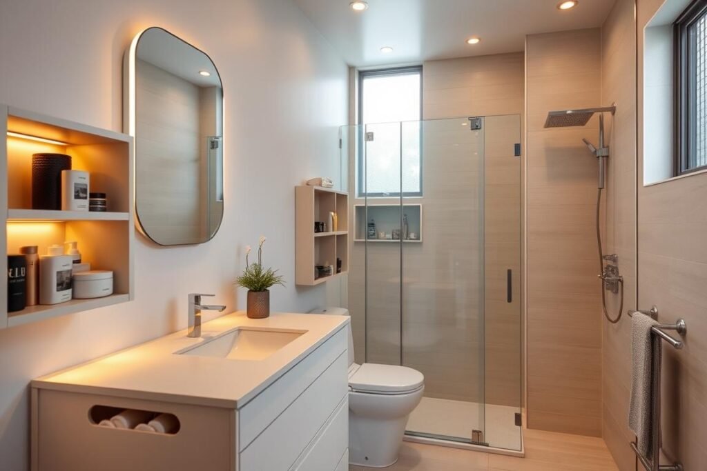 A modern, compact bathroom design showcasing a storage-packed vanity. In the foreground, the elegant vanity features multiple drawers and open shelving filled with neatly organized toiletries and decorative items. The middle ground highlights a stylish mirror above the vanity, reflecting soft, warm ambient lighting that creates a cozy atmosphere. The background includes light-colored wall tiles with a sleek shower area, incorporating glass doors and minimalistic fixtures. Natural light streams in from a small frosted window, enhancing the space's openness. The overall mood is inviting and functional, emphasizing smart design solutions for tiny bathrooms. The angle captures the entire scene, offering a comprehensive view of the multifunctional aspects of the bathroom.