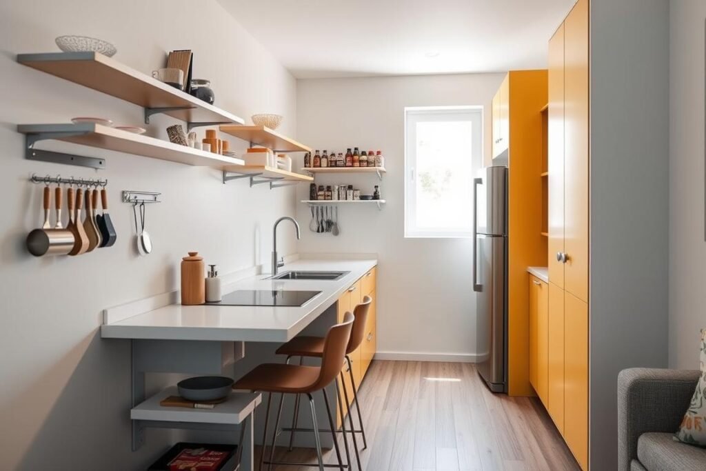 A modern, compact kitchen designed for a small studio apartment, showcasing innovative space-saving solutions. In the foreground, a pull-out kitchen island with bar stools and hidden storage compartments, beneath a sleek countertop filled with kitchen essentials. The middle ground features adjustable shelves and magnetized spice racks mounted on the wall, alongside a narrow fridge that blends seamlessly into the cabinetry. The background displays bright, natural light coming through a small window, enhancing the clean lines and bright colors of the cabinetry. The atmosphere is inviting and functional, emphasizing practicality without sacrificing style. The overall feeling is one of efficiency and creativity in a cozy, well-organized living space.