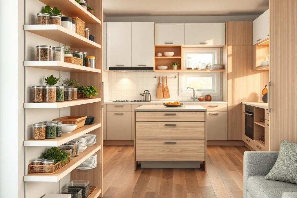 A modern compact kitchen featuring innovative storage solutions designed for small spaces. In the foreground, focus on cleverly designed shelves filled with neatly arranged containers, herbs, and cooking utensils, maximizing vertical space. The middle ground showcases a multi-functional island with built-in drawers and seating, surrounded by minimalist cabinetry that blends seamlessly with light wood accents. In the background, a cozy corner with open shelving displays decorative dishes, while a small window allows warm natural light to flood the scene. The atmosphere is inviting and organized, emphasizing efficiency and style. Capture this layout from a slightly elevated angle to highlight the depth and functionality of the space, ensuring a realistic portrayal without human presence.