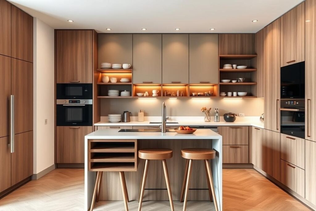 A modern compact kitchen featuring innovative storage solutions for a small loft apartment. In the foreground, a stylish, space-saving island bar with stools, showcasing hidden compartments and shelves. In the middle, sleek cabinets with open shelving displaying neatly organized dishes and kitchenware, complemented by a compact sink and built-in appliances. The background reveals a cozy ambiance with warm, ambient lighting accentuating the wooden textures and subtle colors of the cabinetry. Use a perspective that highlights the efficient use of vertical space, conveying a sense of openness and functionality. The atmosphere should evoke a sense of modern minimalism, where design meets practicality, perfect for maximizing limited space in urban living.