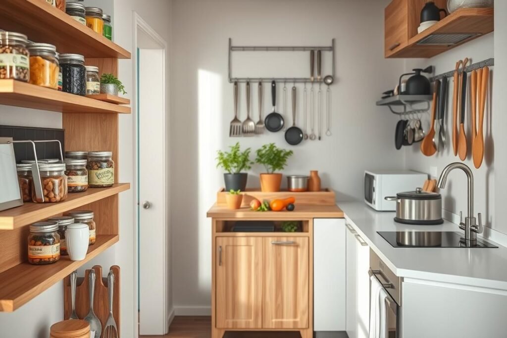 A modern compact kitchen scene showcasing clever organization tips in a small apartment space. In the foreground, include neatly arranged shelves with labeled jars, hanging pots, and a magnetic knife strip. The middle features a small kitchen island with multi-functional storage beneath, adorned with fresh herbs and essential cooking tools. The background should display smart use of vertical space, such as wall-mounted racks and hooks holding utensils and cookware. Use soft, natural lighting that enhances the wooden elements and bright countertops, creating a warm and inviting atmosphere. The angle should be slightly angled to provide depth, capturing the essence of efficiency and stylish organization in small spaces.