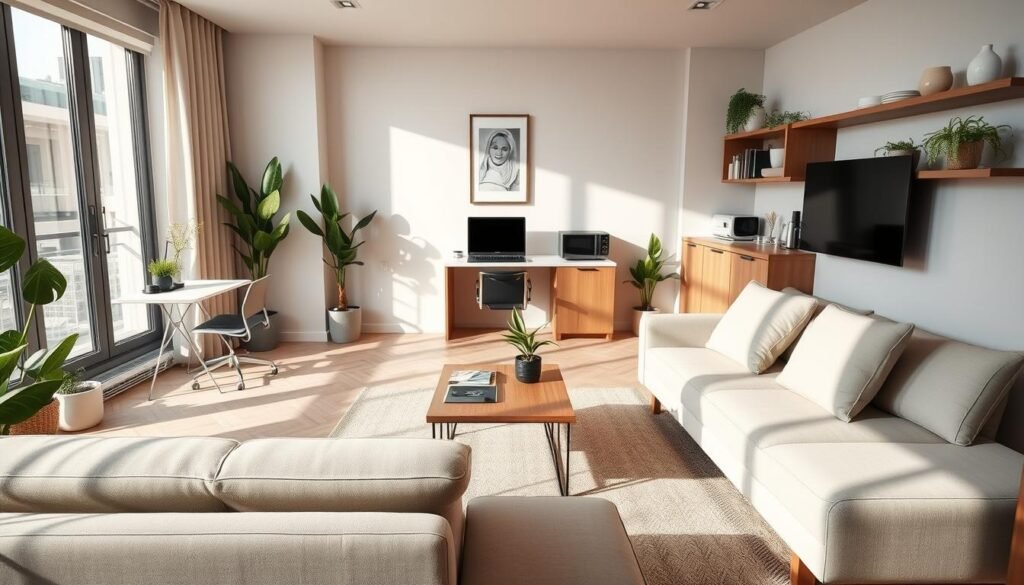 A modern, compact living room featuring innovative multipurpose furniture. In the foreground, a sleek, convertible sofa bed seamlessly transitions into a workspace with a minimalist desk and ergonomic chair, all in neutral tones. The middle section includes a stylish coffee table that doubles as storage, surrounded by vibrant houseplants adding a touch of greenery. The background showcases a small kitchenette with space-saving appliances and floating shelves adorned with decorative dishes. Soft, natural light floods the room from a large window, casting gentle shadows and creating a warm, inviting atmosphere. Shooting from a slightly elevated angle to capture the full layout, this image should convey a sense of functionality and harmony in a small space, emphasizing the smart use of furniture.