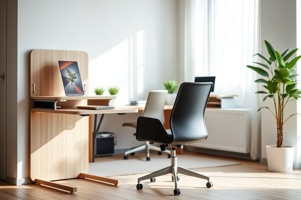 A modern, compact multipurpose desk furniture setup, featuring a sleek, minimalist design. In the foreground, a convertible desk with a light wood finish, displaying its versatility, retracted into a wall-mounted configuration. In the middle ground, a stylish ergonomic chair complements the desk, along with accessories like a potted plant and a laptop. The background showcases a small home office setting, with soft, natural light streaming in through a window, casting gentle shadows. Use a shallow depth of field to keep the focus on the desk while blurring the background slightly. The atmosphere should feel inviting and functional, showcasing how this space-saving solution perfectly integrates into a cozy, modern living space.