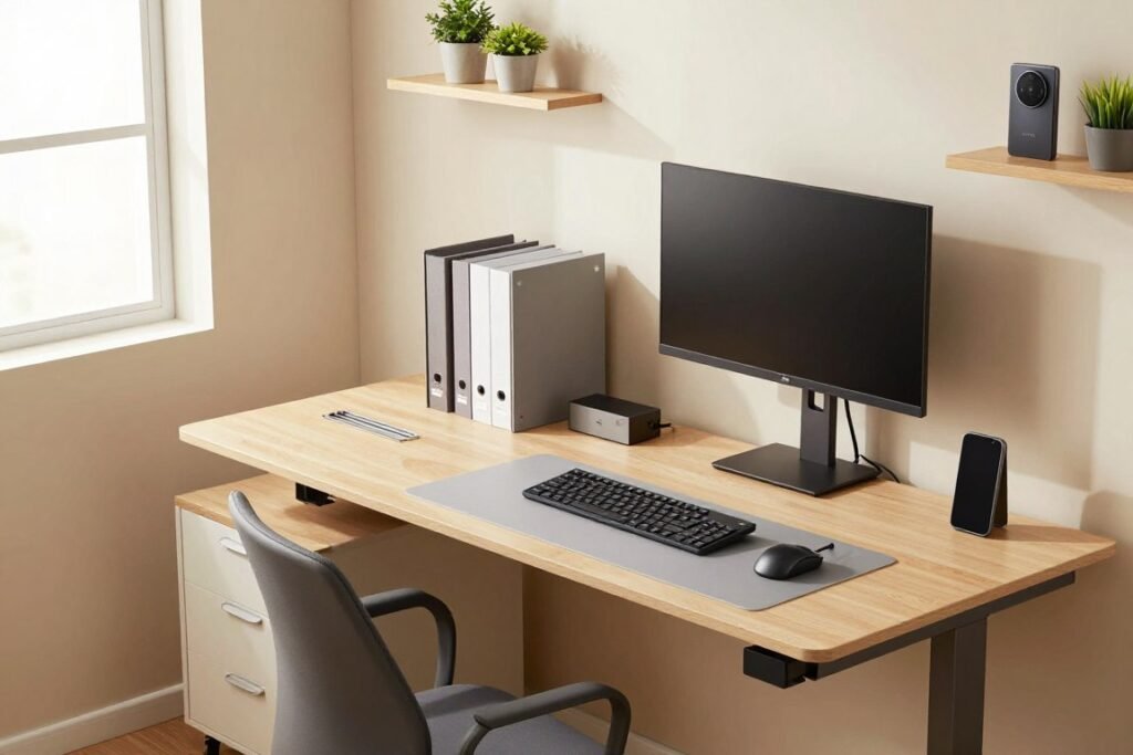 A modern, compact office space featuring innovative space-saving technology solutions. In the foreground, a sleek, multi-functional desk with built-in storage and an adjustable standing feature, showcasing smart organization tools like cable management systems. The middle ground includes a vertical file organizer and a wall-mounted monitor that saves desk space while providing a clear workspace. On the walls, minimalist shelves display small plants and tech gadgets. The background depicts a bright window with natural light illuminating the area, enhancing the productivity vibe. Use a warm, inviting color palette to create a cozy atmosphere. Capture the image from a slightly elevated angle, focusing on the overall layout and how these technologies maximize efficiency in a small office environment.