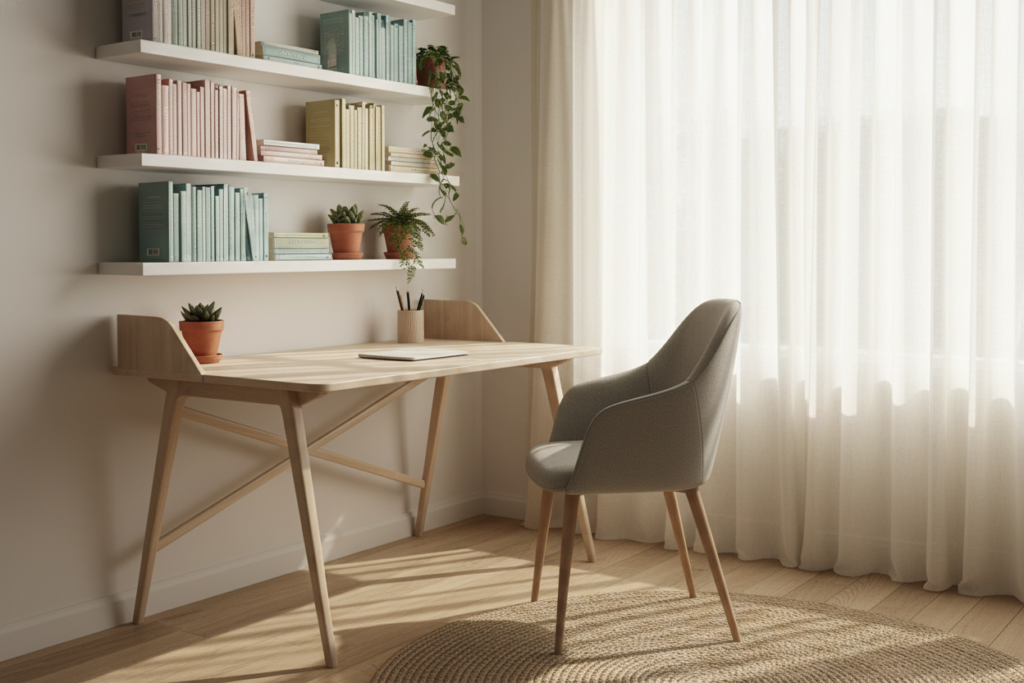 A modern, compact space-saving desk setup in a cozy, bright room. In the foreground, a sleek, foldable desk made of light wood, with minimalist design elements and an ergonomic chair. The middle ground features neatly organized shelves filled with books and small plants, accentuating functionality. The background includes a window with sheer curtains, allowing natural light to pour in, creating a warm and inviting atmosphere. Soft shadows play across the desk, emphasizing its clean lines. The scene conveys a sense of productivity and comfort, ideal for maximizing small spaces. The overall color palette is soft and calming, with pastel hues that evoke a peaceful workspace.