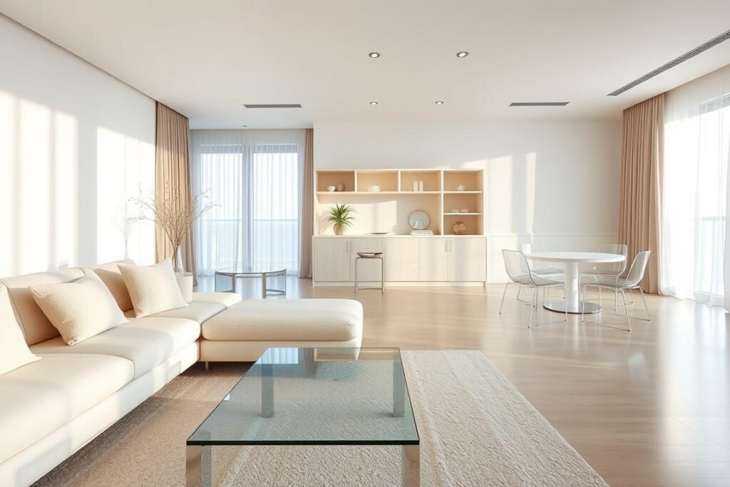 A modern condo interior featuring light colors and reflective surfaces that create an illusion of spaciousness. In the foreground, a sleek, minimalist living room with a light beige sectional sofa adorned with soft, textured throw pillows. A glass coffee table reflects the soft ambient light. In the middle, a dining area with a round, white table surrounded by clear acrylic chairs. Light wooden shelves hold minimalist decor items, adding warmth. The background showcases large windows with sheer curtains, letting in natural light, enhancing the airy feel. The atmosphere is serene and inviting, with soft, diffused sunlight cascading through the space, emphasizing a clean, uncluttered aesthetic. The camera angle captures the room from a slight elevation, showcasing the design elements harmoniously.