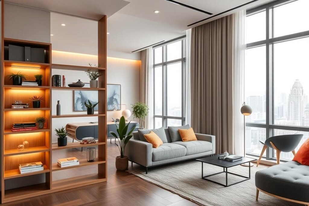 A modern condo interior showcasing clever room dividers that provide both storage and definition. In the foreground, a stylish wooden divider with integrated shelves, displaying decorative plants and books. The middle features a cozy living area with a plush sofa and a chic coffee table, separated from a small workspace by the divider. Soft, ambient lighting enhances the warmth of the space, while large windows in the background flood the room with natural light, offering a glimpse of the city skyline outside. The color palette combines neutral tones with pops of vibrant accents, creating an inviting atmosphere. The overall mood is contemporary and functional, ideal for maximizing space in a small urban condo.