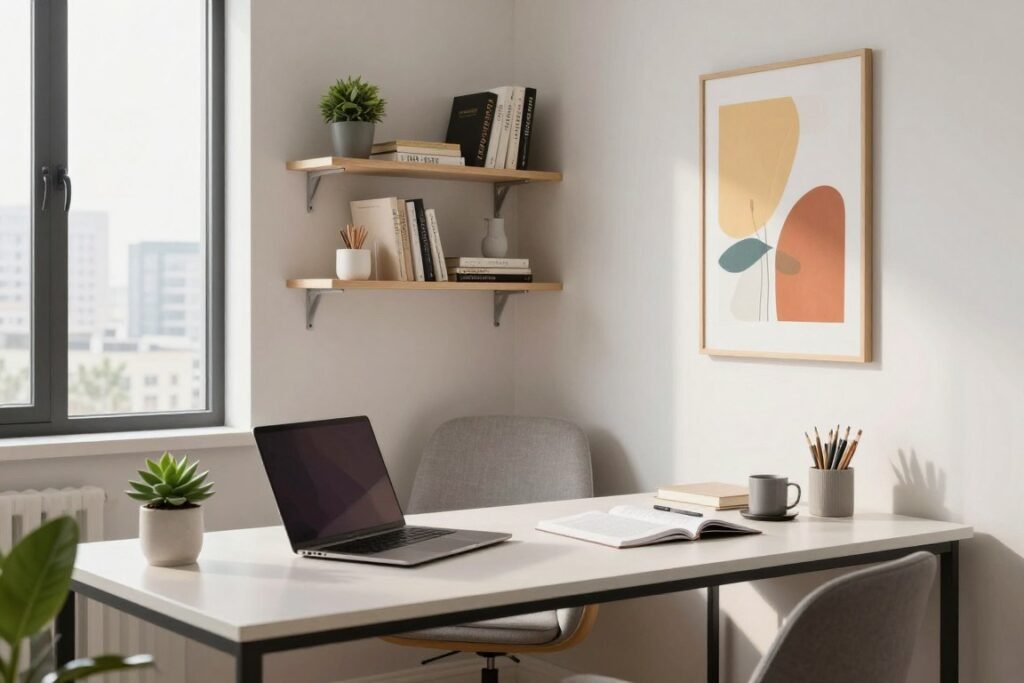 A modern corner office transformation, featuring a small yet efficient workspace in a stylish nook. The foreground showcases a sleek, minimalist desk with a laptop, succulents, and organizational materials. In the middle ground, a cozy armchair and a bookshelf filled with books and decorative items create a welcoming atmosphere. The background reveals a large window allowing natural light to flood the space, with urban cityscape views. Soft, warm lighting enhances productivity while a light color palette of whites and greys promotes calmness. The angle captures the essence of maximizing small spaces, emphasizing clever design elements like wall-mounted storage and vibrant artwork. The overall mood is inspiring and productive, perfect for a modern work environment.