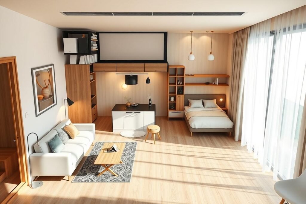 A modern, efficient floor plan for a small apartment, showcasing an open-concept design that maximizes space utilization. The foreground features a cozy living area seamlessly connected to a compact dining nook, with multifunctional furniture like a sofa bed and a foldable dining table. In the middle, a sleek kitchen area is integrated with smart storage solutions, emphasizing functionality. The background displays a well-organized bedroom area with clever shelving and light curtains that allow natural light to flood in. The lighting is warm and inviting, captured with a slightly elevated angle to provide a comprehensive view of the layout. The atmosphere conveys a sense of comfort and practicality, ideal for small living spaces.