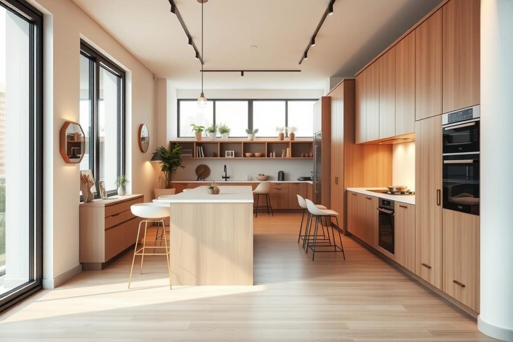 A modern galley-style apartment layout designed for narrow spaces, showcasing an efficient use of space-saving furniture. In the foreground, a sleek kitchen island with bar stools, seamlessly integrating storage and cooking areas. The middle ground features a parallel arrangement of cabinetry and appliances on either side, maximizing functionality while maintaining an open flow. Large windows in the background let in natural light, illuminating the neutral color palette and minimalist decor. The atmosphere is inviting, emphasizing a clean and organized aesthetic. The scene is captured from a slightly elevated angle to highlight the layout's depth and space efficiency, with soft, warm lighting enhancing its cozy feel. Ideal for a small, urban living environment, showcasing innovative design solutions.