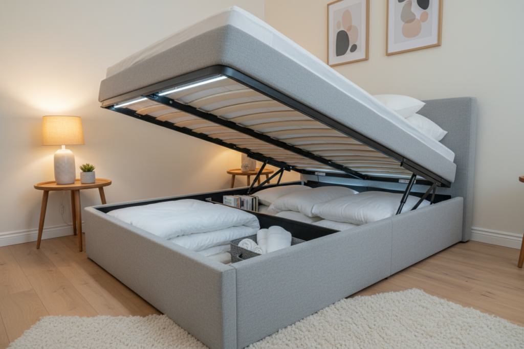 A modern hydraulic storage platform bed in a cozy, small bedroom setting. The bed features a sleek, minimalistic design with an integrated lift mechanism showcasing a spacious storage area underneath, emphasized with open storage compartments revealing neatly organized bedding and personal items. The room is softly lit with warm, ambient lighting from a bedside lamp, creating a welcoming atmosphere. In the background, there are light-colored walls with subtle artwork and a small potted plant on a nightstand, adding to the homely vibe. The angle captures the bed from a slight low perspective, emphasizing its height and functionality, with a focus on the innovative hydraulic mechanism. The scene conveys a sense of practicality and style, perfect for maximizing space in a small home.