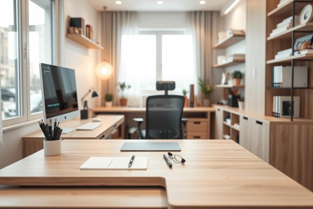 A modern, innovative workspace designed for compact living, featuring a sleek, multifunctional desk that transforms effortlessly for various tasks. The foreground showcases the desk with integrated storage solutions, crafted from light-colored wood, adorned with minimalistic stationery. In the middle ground, a comfortable ergonomic chair complements the desk, while wall-mounted shelves elegantly display books and decor. The background reveals a cozy, small room with large windows letting in soft, natural light, illuminating the inviting atmosphere. The scene is captured with a soft, focus lens angle to create a warm and productive mood, highlighting the practical yet stylish aspects of space-saving design in a small home environment.