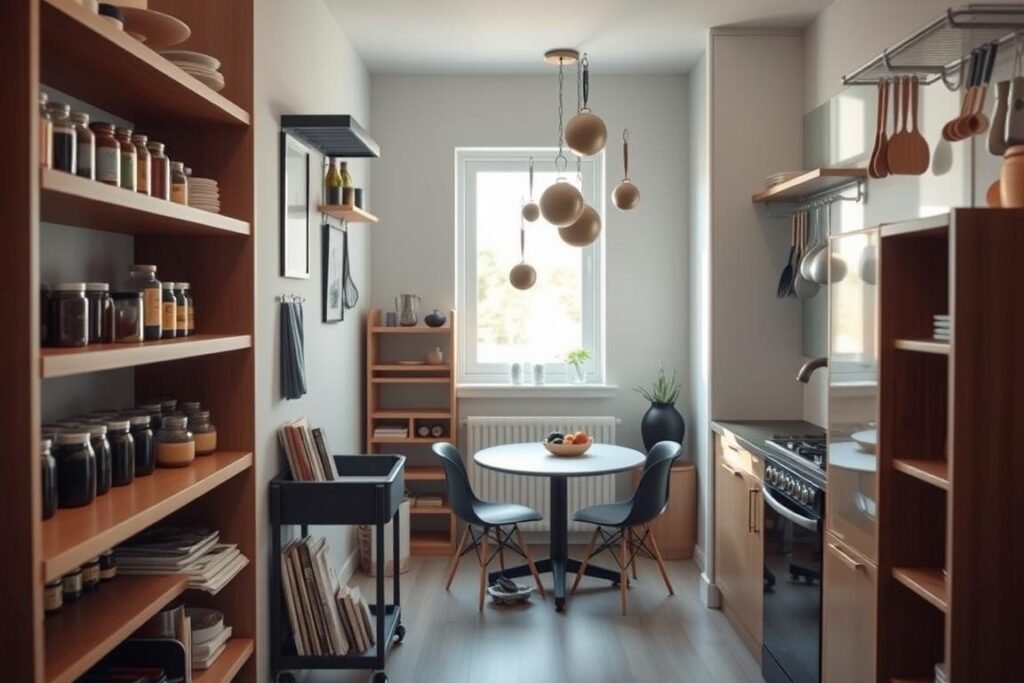 A modern, inviting kitchen showcasing various smart storage solutions for small apartments. In the foreground, sleek wooden shelves display neatly arranged jars and kitchen tools, while a compact cart holds spices and cookbooks. The middle ground features stylish hanging racks for pots and utensils, maximizing vertical space. A cozy dining nook with compact chairs and a round table partially fills the background, creating an inviting atmosphere. Soft, natural light filters through a window, casting gentle shadows and enhancing the warm tones of the kitchen decor. The overall mood is functional yet aesthetically pleasing, reflecting a well-organized and efficient small living space.