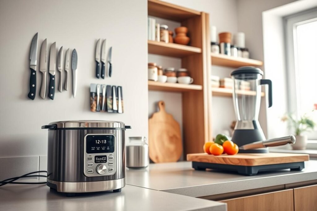 A modern kitchen featuring sleek, efficient space-saving appliances. In the foreground, a compact multi-function cooker with digital controls and a stylish chrome finish, beside a retractable countertop blender, showcasing their functionality. The middle ground displays a wall-mounted magnetic knife strip and a folding cutting board, emphasizing organization. In the background, open shelves filled with neatly arranged cookbooks and decorative jars accentuate a clean, minimalistic aesthetic. The lighting is bright and natural, streaming in from a nearby window, creating a warm and inviting atmosphere. The camera angle is slightly tilted, emphasizing the efficient use of vertical space while capturing the harmony of design and practicality.