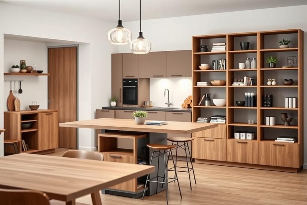 A modern kitchen showcasing multi-functional furniture designed for small spaces, featuring a sleek, extendable dining table that doubles as a work surface. In the foreground, show a compact island with integrated storage, equipped with bar stools that tuck underneath. The middle ground highlights a stylish, modular shelving unit that organizes kitchen essentials and small appliances. In the background, include soft, ambient lighting emanating from pendant lights above, casting a warm glow. The setting should have a cozy, inviting atmosphere, with neutral color tones and natural wood accents. Use a slightly elevated angle to capture the layout and ensure all elements are visible, emphasizing functionality and space efficiency.