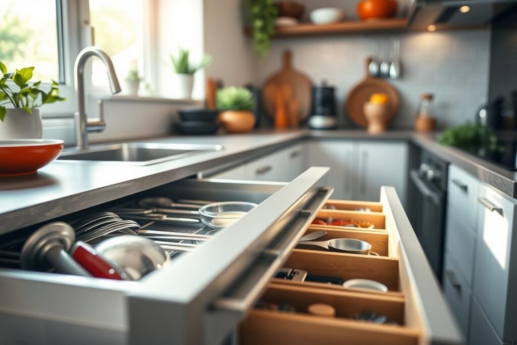 A modern kitchen with a focus on pull-out drawer organizers designed for maximum efficiency. In the foreground, a smoothly opened drawer reveals neatly arranged kitchen tools, spices, and utensils, displayed in various compartments. The middle scene captures shiny metallic and wooden organizers, showcasing their functionality and stylish design. In the background, light streams in through a window, illuminating the kitchen with soft, natural light, enhancing the warm, inviting atmosphere. The countertops, adorned with fresh herbs and colorful kitchenware, complement the overall aesthetic. The composition emphasizes a clean, organized space, highlighting innovative storage solutions ideal for a small apartment kitchen. Use a shallow depth of field to create a sense of depth and focus on the drawer organizers as the main subject. A modern kitchen with a focus on pull-out drawer organizers designed for maximum efficiency. In the foreground, a smoothly opened drawer reveals neatly arranged kitchen tools, spices, and utensils, displayed in various compartments. The middle scene captures shiny metallic and wooden organizers, showcasing their functionality and stylish design. In the background, light streams in through a window, illuminating the kitchen with soft, natural light, enhancing the warm, inviting atmosphere. The countertops, adorned with fresh herbs and colorful kitchenware, complement the overall aesthetic. The composition emphasizes a clean, organized space, highlighting innovative storage solutions ideal for a small apartment kitchen. Use a shallow depth of field to create a sense of depth and focus on the drawer organizers as the main subject.