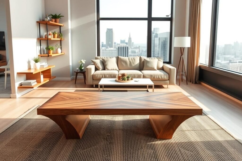 A modern living room scene featuring innovative floating furniture that maximizes floor space. In the foreground, include a sleek, floating wooden coffee table with geometric designs, hovering above a stylish woven rug. To the side, a set of floating shelves showcases vibrant houseplants and minimalistic decor. In the middle ground, a contemporary sectional sofa is mounted onto the wall, with a soft, neutral color palette. Bright natural light filters in through large windows, casting soft shadows and creating an inviting atmosphere. The background features a panoramic view of a city skyline, adding depth and context to the compact living space. The overall mood should be contemporary and airy, emphasizing the creative solution of floating furniture. Capture the scene from a slightly elevated angle to focus on the furniture's functionality and aesthetic appeal.