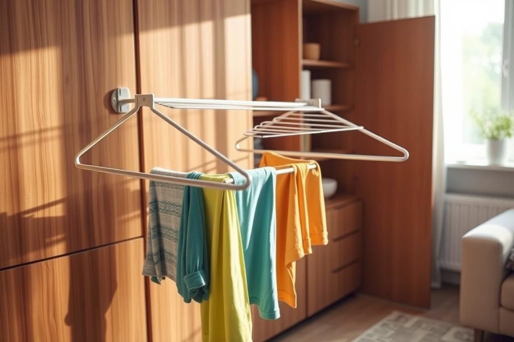 A modern living space featuring a stylish furniture-integrated drying rack seamlessly incorporated into a sleek wooden cabinet. The drying rack has elegant, extendable arms and a minimalist design, blending harmoniously with the furniture. The foreground showcases fresh laundry draped on the rack, showcasing vibrant colors of clothing like blues, greens, and yellows. In the middle ground, the cabinet displays decorative items, adding a cozy touch. The background features a bright, airy room with soft natural light streaming in through a large window, enhancing the atmosphere of a functional yet aesthetically pleasing small home. The scene is captured from a slightly elevated angle, emphasizing the multi-purpose aspect of the drying solution, with a warm and inviting feel throughout the image.