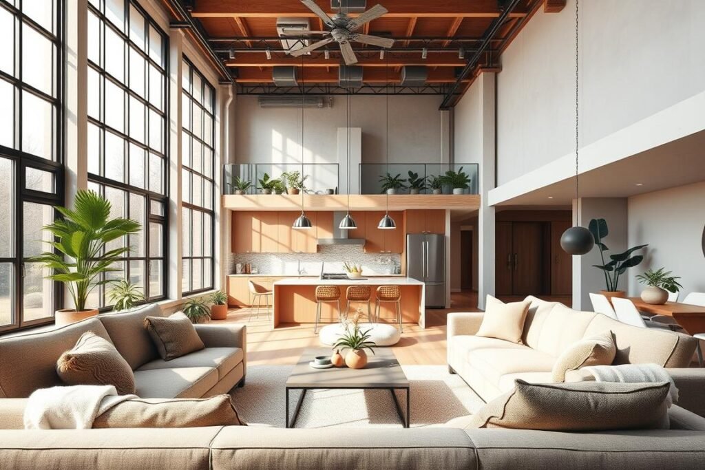 A modern loft design showcasing a spacious sanctuary with high ceilings and large industrial windows allowing natural light to flood in. The foreground features a cozy seating area with a stylish sectional sofa and plush throw pillows, complemented by a minimalist coffee table. In the middle, there is an open kitchen with sleek cabinetry and stainless steel appliances, creating a seamless flow between spaces. The background reveals a softly lit dining area with wooden accents and greenery, enhancing the tranquil atmosphere. The entire scene is infused with warm, inviting colors and soft, diffused lighting, creating a serene and welcoming mood. Use a wide-angle lens to capture the full essence of the design, emphasizing the spaciousness and modern aesthetic while keeping the image realistic and varied.