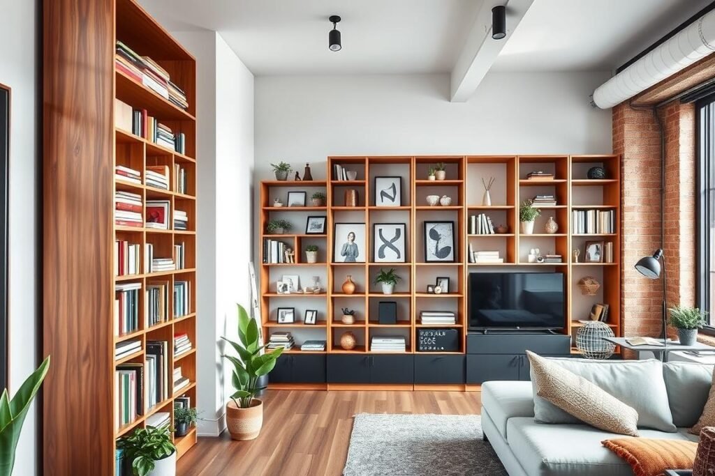 A modern loft interior featuring a stylish vertical storage solution. In the foreground, a sleek floor-to-ceiling bookshelf made of warm wood holds an array of colorful books and decorative items, complemented by green potted plants. In the middle, a compact, multifunctional shelving unit creatively utilizes wall space, displaying art and personal accessories, while also incorporating closed storage for a tidy appearance. The background reveals a cozy living area with an inviting sofa and a large window allowing natural light to flood in, enhancing the warm atmosphere. The image should capture the essence of clever storage ideas in a small space, with soft, ambient lighting that emphasizes the textures and colors of the materials used. Aim for a realistic depiction that inspires creativity in maximizing space.