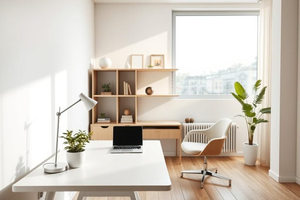 A modern minimalist home office setup situated in a compact space. In the foreground, a sleek, white desk with a simple plant, an elegant lamp, and an open laptop display. The middle layer features organized shelving with a few decorative items and a muted color palette of soft pastels and natural materials. The background showcases a large window allowing abundant natural light to flood the room, illuminating light wooden flooring. The atmosphere is calm and productive, with soft shadows enhancing the warm ambiance. Include a cozy chair with a minimalist design, accentuated by gentle lighting that highlights textures without being harsh. Overall, aim for a serene and efficient workspace that reflects smart organization and minimalist aesthetics.