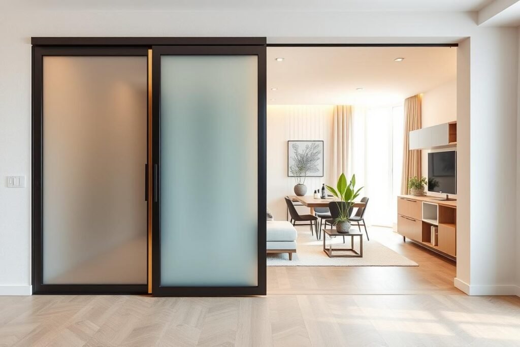 A modern, minimalist interior showcasing an elegant space-saving sliding door that seamlessly blends into a stylish condo setting. In the foreground, the sliding door is partially open, revealing a glimpse of a cozy, multifunctional room beyond. The door features a sleek, frameless design with frosted glass, contrasting beautifully against a pale, textured wall. In the middle ground, a compact, tastefully decorated living area is visible, with contemporary furniture and decorative plants, emphasizing the efficient use of small space. The background features a softly lit kitchen area, with warm, inviting light cascading in from a large window, creating a calm and spacious atmosphere. The scene is captured using a wide-angle lens, enhancing the sense of space while maintaining a realistic, lived-in feel.