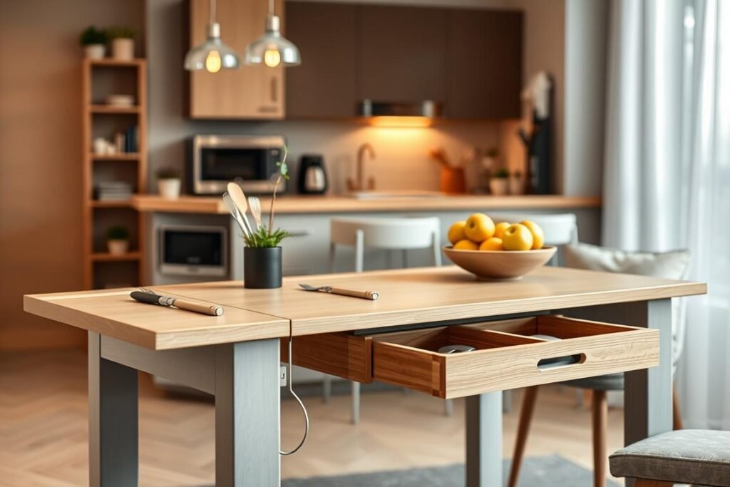 A modern multi-functional kitchen table designed for small apartments, showcasing its versatility. In the foreground, the table features an extendable top with built-in storage compartments, elegantly integrated into a minimalist design. The surface is adorned with kitchen utensils, a potted herb, and a stylish fruit bowl, emphasizing practicality. In the middle, the table is set against a cozy kitchen backdrop, highlighting a compact kitchen with smart shelving solutions and appliances tucked neatly away. The background is softly lit, with warm tones from pendant lights creating an inviting atmosphere. The perspective is slightly elevated, allowing a view of the table's features and surrounding kitchen elements. The mood is functional yet warm, embodying clever design and efficient use of space. A modern multi-functional kitchen table designed for small apartments, showcasing its versatility. In the foreground, the table features an extendable top with built-in storage compartments, elegantly integrated into a minimalist design. The surface is adorned with kitchen utensils, a potted herb, and a stylish fruit bowl, emphasizing practicality. In the middle, the table is set against a cozy kitchen backdrop, highlighting a compact kitchen with smart shelving solutions and appliances tucked neatly away. The background is softly lit, with warm tones from pendant lights creating an inviting atmosphere. The perspective is slightly elevated, allowing a view of the table's features and surrounding kitchen elements. The mood is functional yet warm, embodying clever design and efficient use of space.