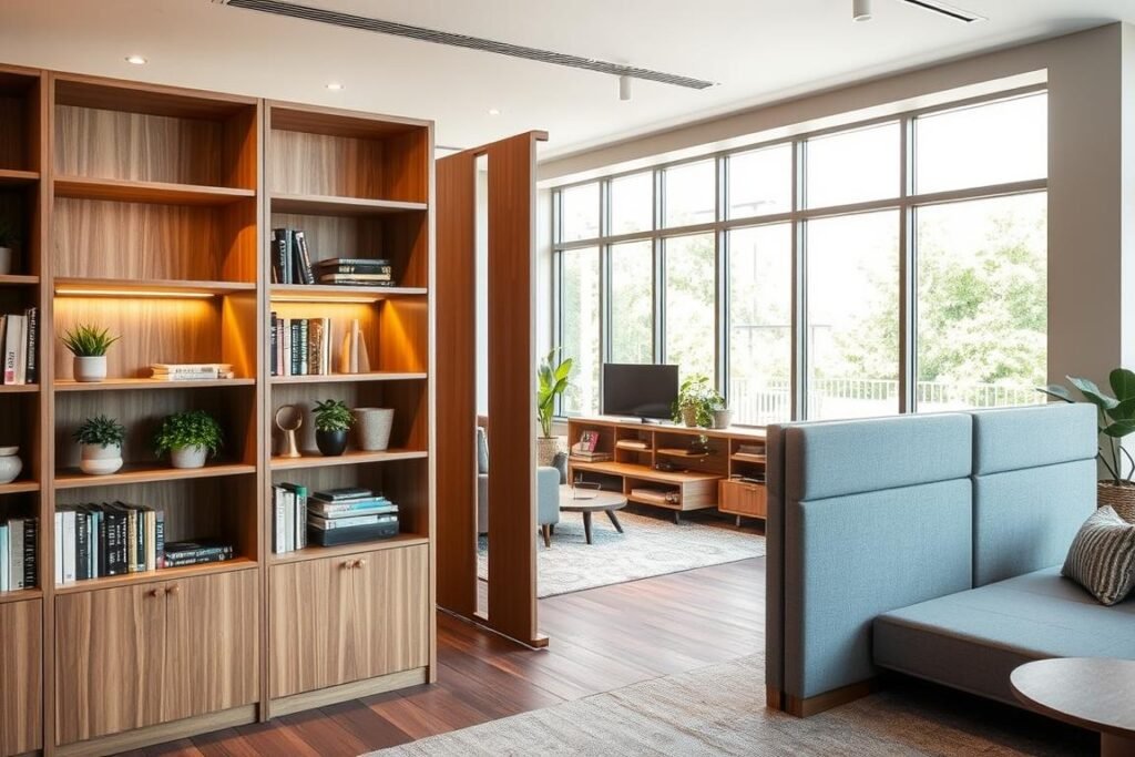 A modern, multi-purpose room featuring stylish room dividers that serve as both space separators and storage. In the foreground, there are sleek, wooden dividers with integrated shelves, showcasing neatly organized books and decorative plants. The middle ground includes a cozy seating area with a small sofa and a coffee table, surrounded by the dividers, conveying a sense of intimacy and warmth. In the background, large windows allow natural light to flood the room, highlighting the airy feel of the space. Soft, warm lighting enhances the inviting atmosphere, while a neutral color palette of soft grays and earthy tones adds to the tranquility. The scene is captured from a slightly elevated angle, showcasing the layout and functionality of the space.