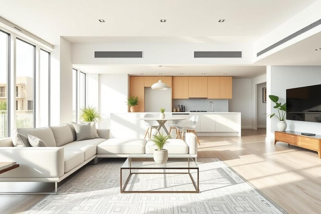 A modern open-concept living space featuring a floating furniture layout, showcasing a seamless blend of seating and functional areas. In the foreground, a sleek, minimalist sofa and stylish coffee table are suspended mid-air, creating an illusion of space. The middle layer reveals a dining area with elegant, transparent chairs and a contemporary round table, set against a light, airy backdrop of large windows. In the background, soft natural light pours in, illuminating a small kitchenette with built-in appliances. Incorporate greenery with potted plants to enhance the inviting atmosphere. Use a wide-angle lens effect to capture the entirety of this innovative layout, evoking a feeling of openness and modern sophistication. The overall scene is bright and cheerful, embodying a smart use of limited space while maintaining a stylish aesthetic.