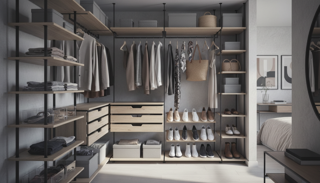 A modern, organized closet space designed for small living areas, featuring innovative storage solutions. In the foreground, showcase various shelving units, integrated drawers, and hanging organizers made of wood and metal for durability. In the middle ground, display neatly arranged clothes, shoes, and accessories, with a corner using vertical space efficiently, including hooks for bags and scarves. The background should hint at a small bedroom or hallway, with soft, natural light filtering in through a window, casting gentle shadows that create a warm, inviting atmosphere. The overall mood should feel functional yet stylish, illustrating clever design ideas for maximizing storage in confined spaces, all while maintaining a realistic and non-idealized aesthetic.
