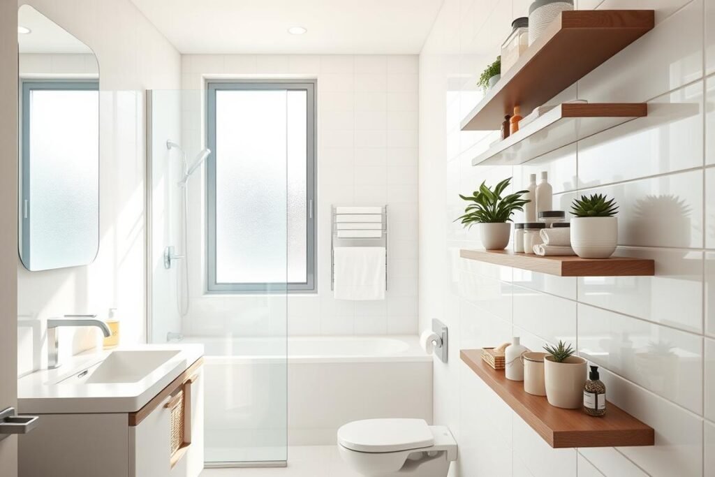 A modern, organized small bathroom featuring efficient storage solutions. In the foreground, sleek, floating shelves hold neatly arranged toiletries and decorative plants. To the left, a compact vanity has stylish baskets and jars for organization. The middle section showcases a space-saving shower caddy and a wall-mounted towel rack with folded towels. Bright, natural light streams in from a frosted window, enhancing the clean, airy atmosphere. In the background, light-colored tiles and a large mirror reflect the open layout, creating a sense of depth. A subtle color palette of whites and soft pastels adds to the calm and inviting mood of this efficiently designed bathroom space.