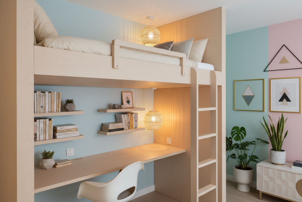 A modern room featuring innovative multifunctional loft beds designed to maximize small spaces. In the foreground, a sleek wooden loft bed with a built-in study area beneath, showcasing an ergonomic chair and floating shelves filled with books. The middle layer captures a cozy, inviting atmosphere with soft lighting emanating from stylish lamps, illuminating the clear space below and creating a warm ambiance. In the background, a vibrant, contemporary decor with pastel walls and minimalistic design elements, complemented by potted plants for a touch of nature. The scene is captured from a slight upward angle, enhancing the loft bed's height and the creative use of vertical space, evoking a sense of cleverness and practicality in small living solutions.