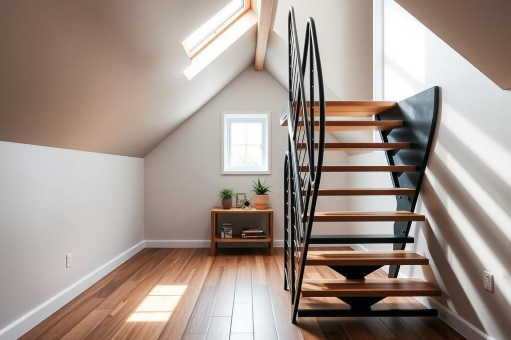 A modern, sleek alternating tread attic staircase designed to maximize space, positioned in a cozy, well-lit attic. The staircase features a unique pattern that alternates each step, providing an innovative and space-saving solution. In the foreground, the stairs are prominently featured, showcasing their contemporary wood and metal design. The middle ground includes a small, stylish landing area adorned with minimalistic decor, such as potted plants and a small bookshelf. In the background, the attic's sloped ceiling contrasts with the straight lines of the staircase, allowing natural light to filter through a small window, creating a warm and inviting atmosphere. Soft shadows enhance the realism, capturing the essence of functionality meets style. The angle is slightly elevated, emphasizing the staircase's design and its context within the attic space.