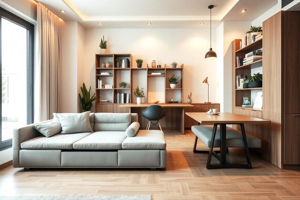 A modern small apartment interior featuring innovative space-saving furniture. In the foreground, showcase a sleek, minimalist sofa that can convert into a bed, with storage compartments integrated within its design. Adjacent to it, a compact, extendable dining table with stylish chairs that can be tucked away when not in use. In the middle, a wall-mounted bookshelf filled with decorative plants and books, emphasizing vertical space utilization. The background displays a bright window allowing natural light to flow in, enhancing the cozy atmosphere. Use warm lighting to create an inviting vibe, capturing the essence of efficient living. The angle should provide a slightly elevated perspective to showcase the clever layout and multifunctionality of the furniture without any people or text present.