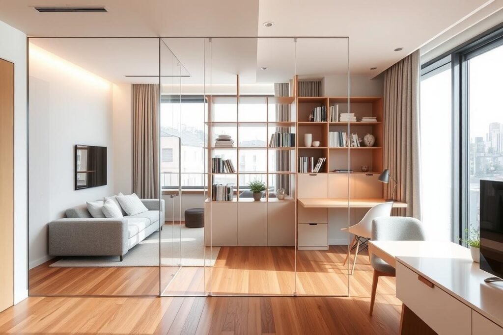 A modern small apartment interior showcasing compact living solutions, designed to maximize space with innovative room dividers that allow light to flow freely. In the foreground, a sleek, transparent acrylic room divider separates a cozy living area from a refined workspace, both featuring functional furniture like a minimalist sofa and a compact desk. The middle section displays a clever use of open shelving to store books and decorative items, providing a sense of organization. In the background, large windows bathe the room in natural light, reflecting off neutral-colored walls and wooden flooring. The atmosphere is serene and inviting, emphasizing a harmonious blend of style and practicality. Soft, warm lighting enhances the overall comfortable mood, captured from a slightly elevated angle to provide depth and perspective.