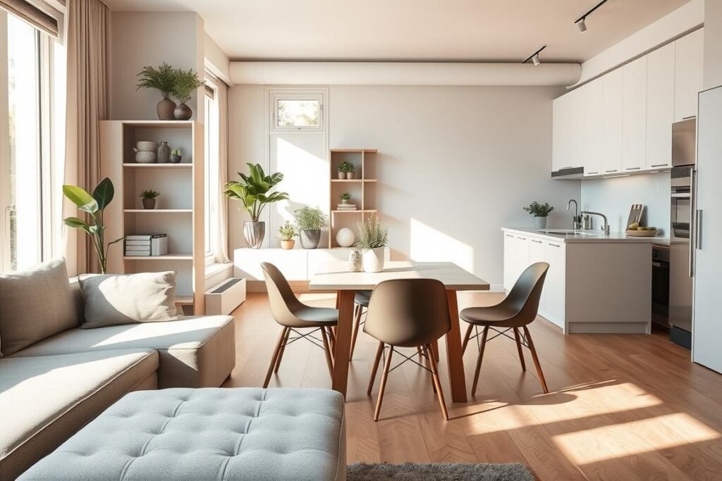 A modern small apartment interior showcasing efficient use of space. In the foreground, a multifunctional living area with a sleek, modular couch that converts into a bed. The middle ground features a compact dining table with hidden storage, paired with stylish chairs that can be tucked away when not in use. In the background, a cleverly designed kitchen with vertical shelving, a space-saving island, and bright cabinetry maximizing light. Soft, natural lighting streams through large windows, enhancing the warm, inviting atmosphere. The overall design conveys smart solutions for small living, with a clean, minimalist aesthetic, accentuated by houseplants adding a touch of life and color. Capture this from a slightly elevated angle for depth, focusing on the interplay of light and space.
