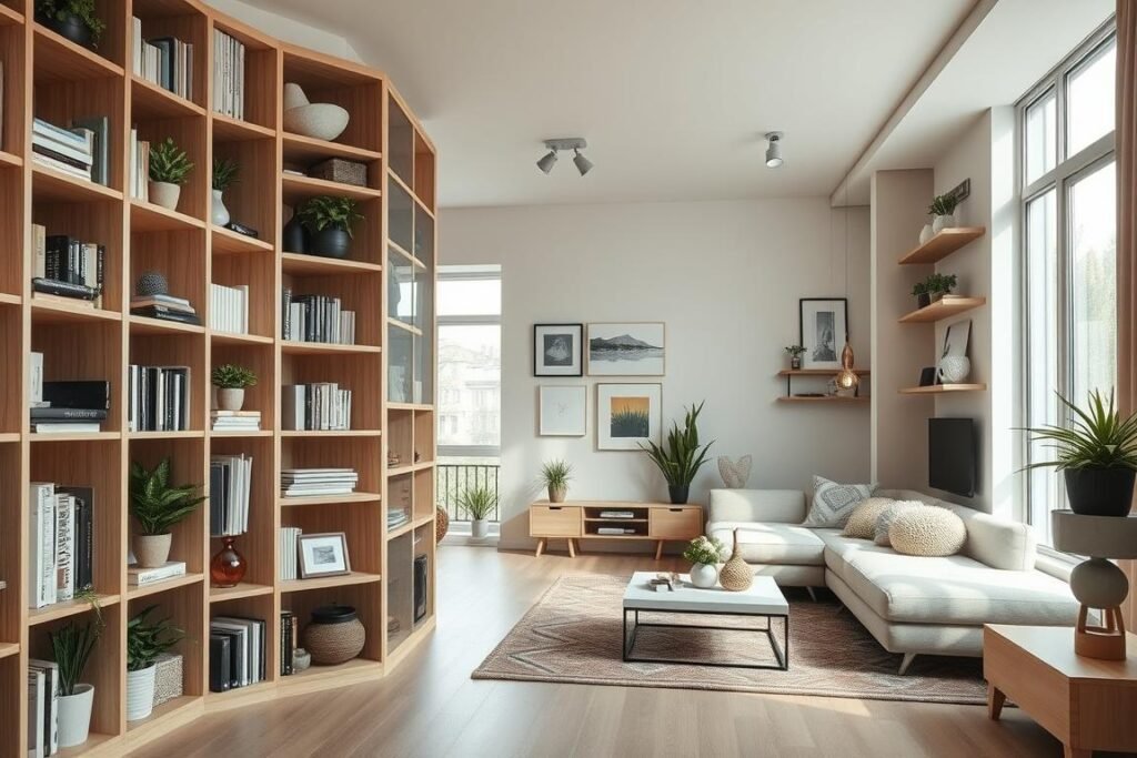 A modern small apartment interior showcasing innovative vertical space optimization. In the foreground, a stylish floor-to-ceiling storage unit made of light wood, filled with neatly organized books, decorative items, and indoor plants. The middle ground features a cozy living area with a compact sofa and a sleek coffee table, surrounded by a few mounted shelves displaying art and personal memorabilia. The background shows large windows allowing natural light to flood the room, creating a warm and inviting atmosphere. Use soft, diffused lighting to enhance the space's openness, with a slight camera tilt for dynamic perspective. The mood should feel both functional and aesthetically pleasing, reflecting a smart use of vertical height in a small living environment.