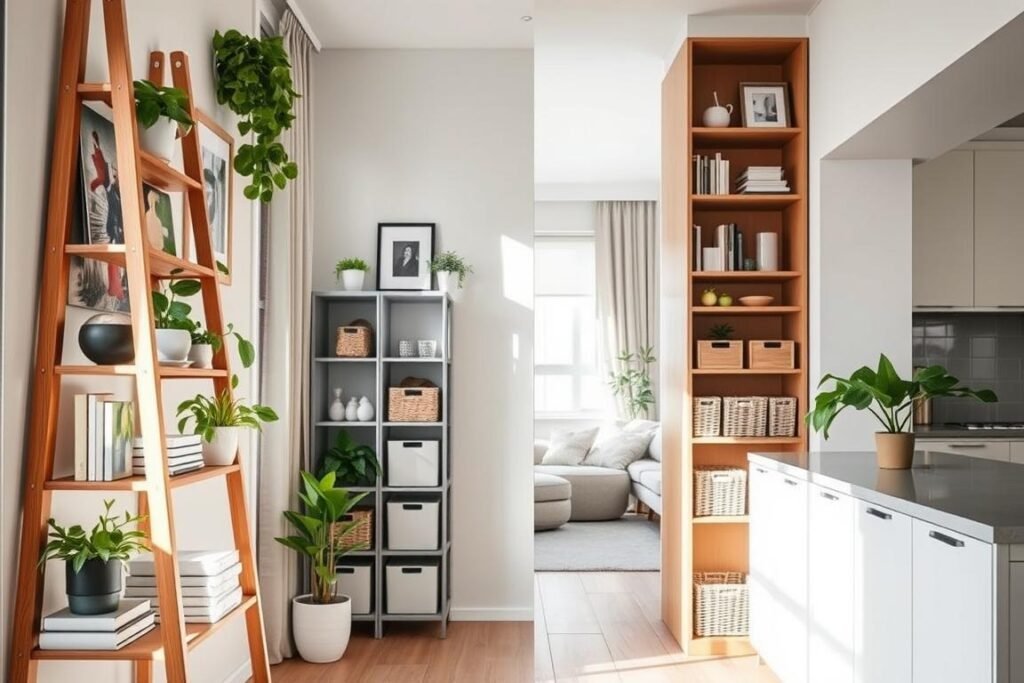 A modern small apartment interior showcasing innovative vertical storage solutions. In the foreground, a stylish ladder shelf displays plants, books, and decorative items. The middle features a tall, compact bookshelf with neatly organized containers and layered storage baskets. Wall-mounted shelves above hold various knick-knacks and framed photos. The background reveals a well-kept living space with floor-to-ceiling cabinets and a minimalist design, emphasizing clean lines and functionality. Natural light streams in through a window, casting soft shadows and creating a warm, inviting atmosphere. The color palette is a mix of neutral tones with pops of greenery, promoting a sense of serenity and efficiency in space utilization.