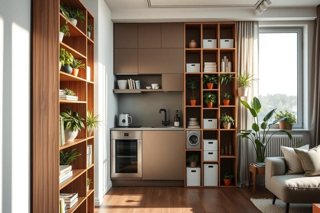 A modern small apartment interior showcasing innovative vertical storage solutions. In the foreground, a sleek wooden bookshelf reaches to the ceiling, filled with plants, books, and decorative items. In the middle ground, wall-mounted cabinets and shelves display organized kitchen supplies and stylish storage boxes. A tall, narrow storage unit adorned with vibrant potted plants adds greenery and life to the scene. The background features a cozy seating area with minimalistic decor, emphasizing the maximized floor space. Natural light streams in through a large window, casting soft shadows and creating a warm, inviting atmosphere. The image captures a harmonious blend of functionality and aesthetics, ideal for contemporary living.