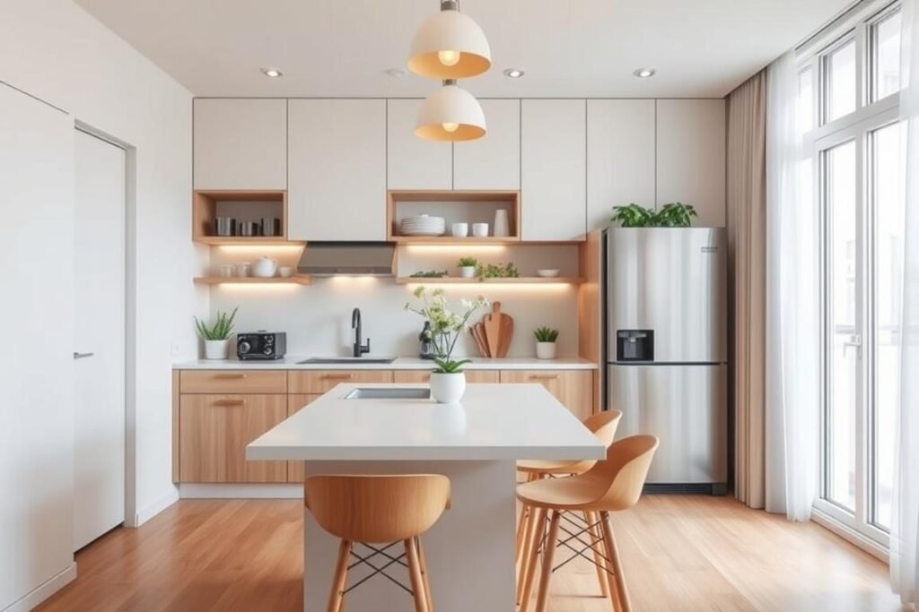 A modern small apartment kitchen, showcasing innovative design solutions to maximize space. In the foreground, a compact kitchen island with a sleek surface doubling as a dining area, surrounded by stylish but functional bar stools. The middle layer features minimalist cabinetry with open shelving, displaying neatly organized kitchenware and plants for an inviting touch. In the background, a large window allows natural light to flood in, highlighting the space's airy feel. Soft pendant lighting casts a warm glow, creating a cozy atmosphere. The color palette includes soft whites and natural wood tones, emphasizing the room's brightness and openness. The lens captures the kitchen from a low angle, emphasizing depth and perspective, with a focus on the details, making the design feel approachable yet intelligent.