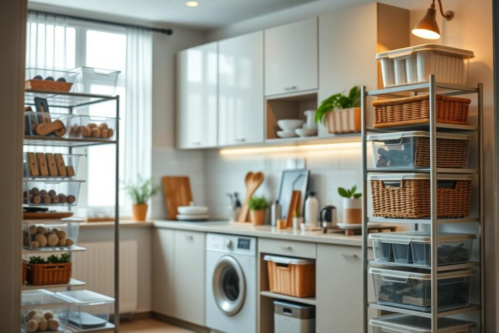 A modern small apartment kitchen showcasing smart stackable storage solutions. In the foreground, highlight an array of clear plastic bins and woven baskets elegantly stacked on sleek shelving units. The middle ground features a compact kitchen counter with various kitchen essentials and decorative plants, emphasizing organization. In the background, bright cabinetry and a window with soft natural light pouring in, creating a warm atmosphere. The image should have a shallow depth of field, focusing on the vibrant colors of the storage items and the kitchen decor. The mood is inviting and functional, illustrating creativity in maximizing space while maintaining style. A modern small apartment kitchen showcasing smart stackable storage solutions. In the foreground, highlight an array of clear plastic bins and woven baskets elegantly stacked on sleek shelving units. The middle ground features a compact kitchen counter with various kitchen essentials and decorative plants, emphasizing organization. In the background, bright cabinetry and a window with soft natural light pouring in, creating a warm atmosphere. The image should have a shallow depth of field, focusing on the vibrant colors of the storage items and the kitchen decor. The mood is inviting and functional, illustrating creativity in maximizing space while maintaining style.