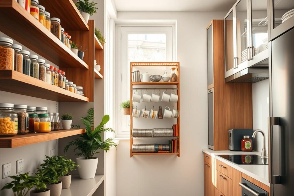 A modern small apartment kitchen showcasing vertical storage solutions. In the foreground, sleek wooden shelves filled with neatly organized spice jars, colorful kitchenware, and potted herbs. The middle ground features a compact, multi-tiered shelving unit with metal hooks, displaying mugs and utensils, adding a touch of style. The background includes wall-mounted cabinets with glass doors, revealing neatly stacked dishes and cookbooks. Soft, natural light filters through a nearby window, creating a warm, inviting atmosphere. The angle captures a clear view of the entire kitchen layout, emphasizing the efficient use of vertical space, making the kitchen appear spacious and functional. The overall mood is bright, organized, and contemporary.