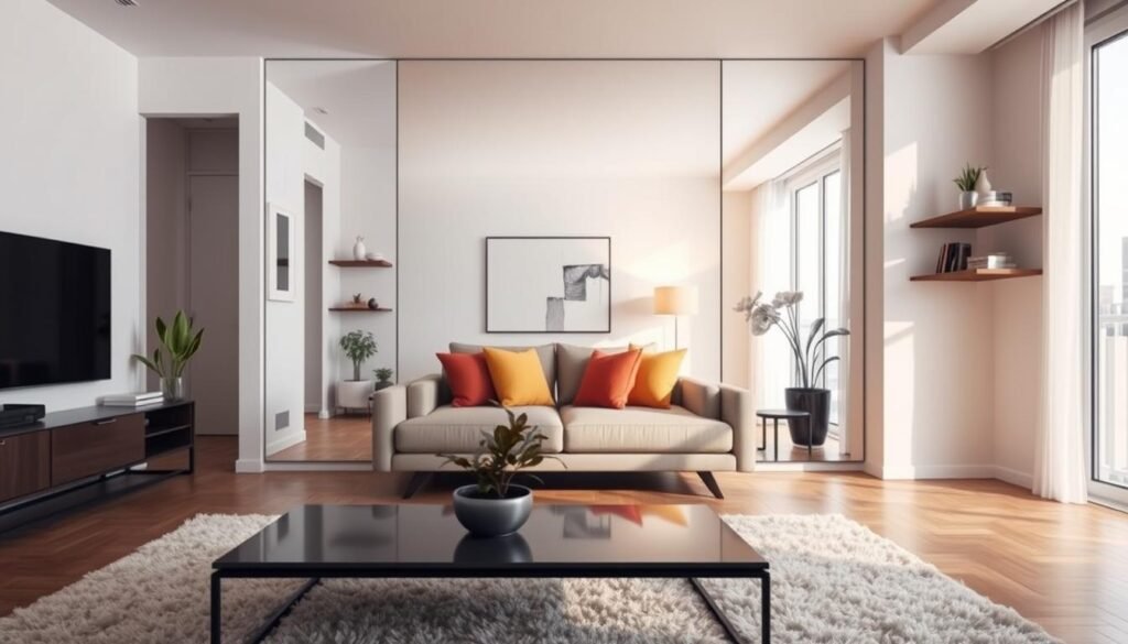 A modern small apartment living room designed to maximize space through the strategic use of mirrors. In the foreground, a sleek coffee table with a decorative plant sits atop a plush area rug. The middle section features a large, wall-mounted mirror that reflects a cozy sitting area with a stylish sofa and vibrant cushions, creating an illusion of depth. In the background, soft, ambient lighting casts a warm glow, enhancing the inviting atmosphere. Large windows allow natural light to fill the room, while minimalist decor, such as floating shelves and abstract artwork, complements the overall aesthetic. The scene is framed from a slightly elevated angle, capturing the clever use of mirrors to visually expand the space and create a harmonious living environment.