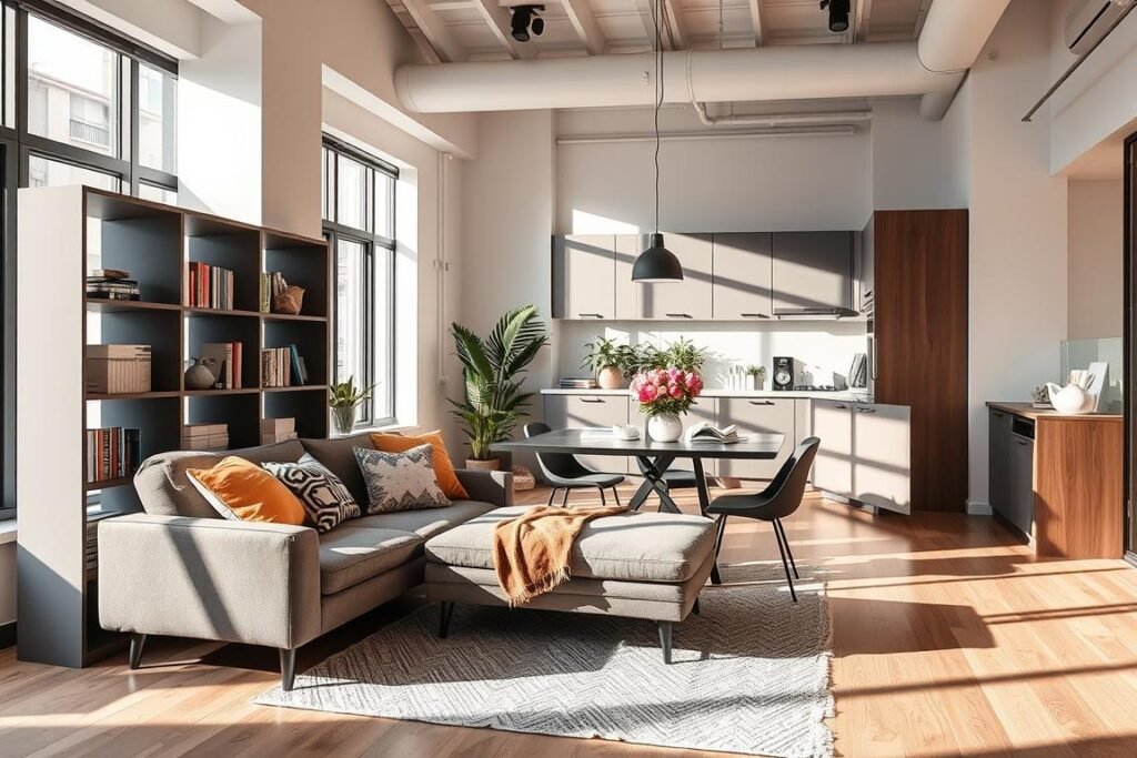 A modern small apartment showcasing multifunctional furniture that acts as a room divider. In the foreground, a stylish, compact sofa bed with attractive cushions transforms effortlessly into a bed. A sleek modular shelving unit stands nearby, creatively storing books and decor while providing a visual separation between the living area and workspace. In the middle, a versatile dining table can extend or fold, adorned with a vase of fresh flowers. The background features a cozy kitchenette with integrated appliances and plants for a touch of greenery. Soft, natural lighting pours in through large windows, casting gentle shadows and creating a warm, inviting atmosphere. Use a wide-angle lens to capture the full layout of this smart space, highlighting the harmonious blend of function and style.
