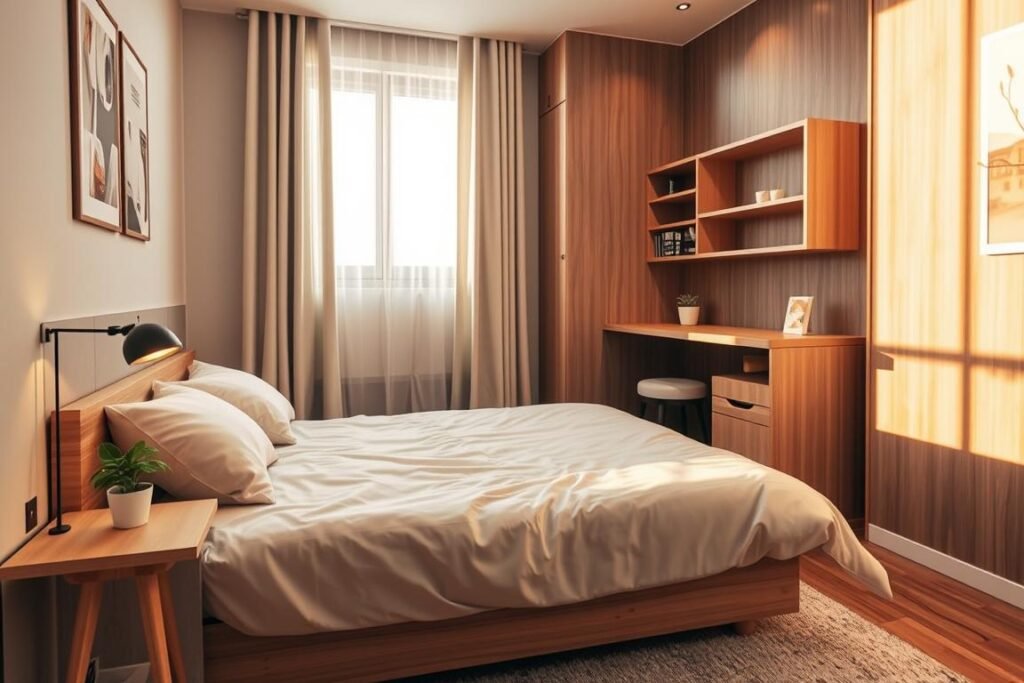 A modern small bedroom featuring compact furniture designed for space efficiency. In the foreground, a multi-functional bed that easily converts into a sofa, adorned with neutral-toned cushions. Next to it, a sleek, minimalist nightstand with a small potted plant and a stylish lamp. The middle ground includes a wall-mounted desk with integrated shelves, perfect for a compact workspace. Warm, natural light streams in through a window draped with light curtains, creating a cozy atmosphere. The background showcases a tastefully decorated wall with subtle artwork and a soft rug underfoot. Emphasize a stylish yet practical design, highlighting the clever use of space and inviting ambiance, all captured with a wide-angle lens for depth.