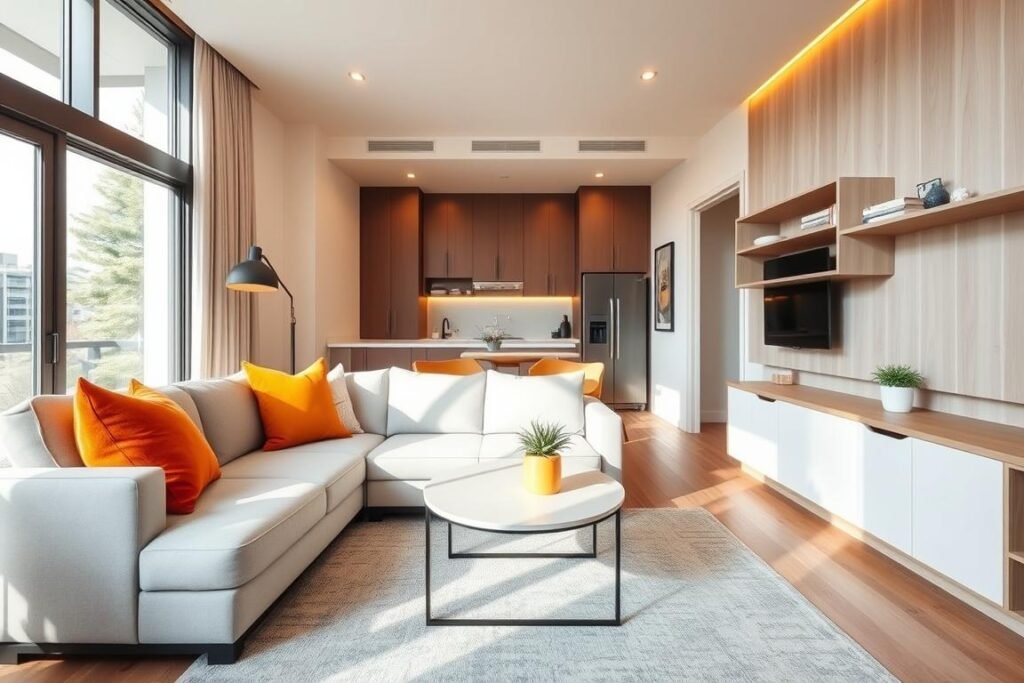 A modern small condo interior featuring a cozy living space that maximizes functionality and style. The foreground showcases a compact sectional sofa adorned with colorful throw pillows, paired with a minimalist coffee table. In the middle, there’s a stylish open-concept kitchen complete with sleek cabinetry and a small dining table, utilizing space-saving solutions like wall-mounted shelves. The background reveals large windows allowing natural light to flood the room, highlighting the warm, inviting atmosphere. The color palette consists of soft neutral tones with pops of vibrant colors, creating a harmonious balance. Soft, ambient lighting enhances the mood, while a contemporary area rug adds texture underfoot. The angle captures the room’s flow, demonstrating smart storage solutions and an overall sense of spaciousness despite the small area.