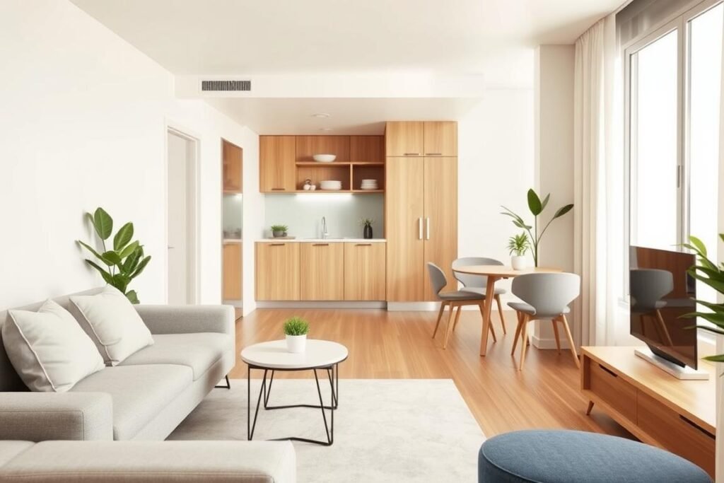 A modern small condo interior featuring a thoughtfully arranged furniture layout that maximizes space efficiency. In the foreground, a compact sofa adorned with minimalist pillows faces a sleek, multipurpose coffee table. To the side, a small, stylish dining area with a round table and two chairs complements the cozy living space. In the middle ground, a compact kitchen with open shelving showcases neatly organized dishes. The background reveals a soft, neutral color palette with natural wood accents and indoor plants that add a touch of greenery. The image is brightly lit with soft, diffused daylight streaming through a large window, creating an inviting atmosphere. The viewpoint is from a corner angle, emphasizing the open floor plan and seamless flow between areas, capturing the essence of minimalist living in a small space.