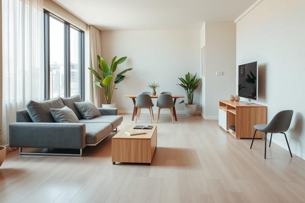 A modern small condo interior showcasing innovative multi-functional furniture. In the foreground, a sleek, convertible sofa bed seamlessly transforms into a workspace, complemented by a compact coffee table with hidden storage. In the middle, a stylish dining table that folds away against the wall, surrounded by minimalist chairs that can be stacked. The background features light, neutral-colored walls with a large window allowing natural sunlight to flood the space, accentuated by lush indoor plants for a touch of greenery. The atmosphere is bright and airy, emphasizing a clean and organized aesthetic, captured with a wide-angle lens for a sense of depth. Soft, warm lighting enhances the inviting feel of the room, highlighting the clever design choices that maximize space.