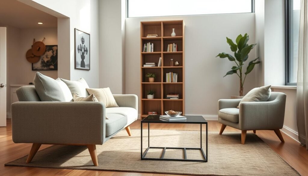 A modern small living room featuring elegant space-saving furniture with exposed legs and slim profiles. In the foreground, showcase a stylish, minimalist sofa with narrow armrests and wooden legs, adorned with soft, textured cushions in muted colors. Next to it, a compact coffee table with a sleek glass top and metal frame complements the sofa. In the middle ground, include a smart bookshelf that utilizes vertical space, with clean lines and open shelving. The background should have soft, natural light streaming through a large window, illuminating the warm, inviting atmosphere. Use a wide-angle lens for a spacious feel, capturing the height and dimensions of the room. The overall mood should be cozy yet modern, emphasizing functionality and aesthetic appeal in a small living space.