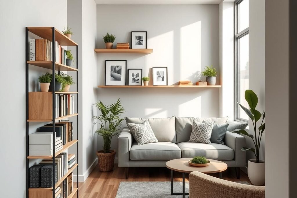 A modern small living room showcasing innovative vertical wall storage solutions. In the foreground, a stylish bookshelf filled with books and decorative plants. The middle ground features a cozy sofa with a minimalist design, complemented by patterned throw pillows. Above the sofa, there are floating shelves displaying framed artwork and small storage boxes, optimizing vertical space. The background reveals a large window allowing natural light to illuminate the room, enhancing the warm atmosphere. Soft shadows create depth, while a gentle color palette of soft grays, greens, and warm wood tones adds to the inviting and functional ambiance. The perspective is a slightly elevated angle, providing a comprehensive view of the space-saving design.